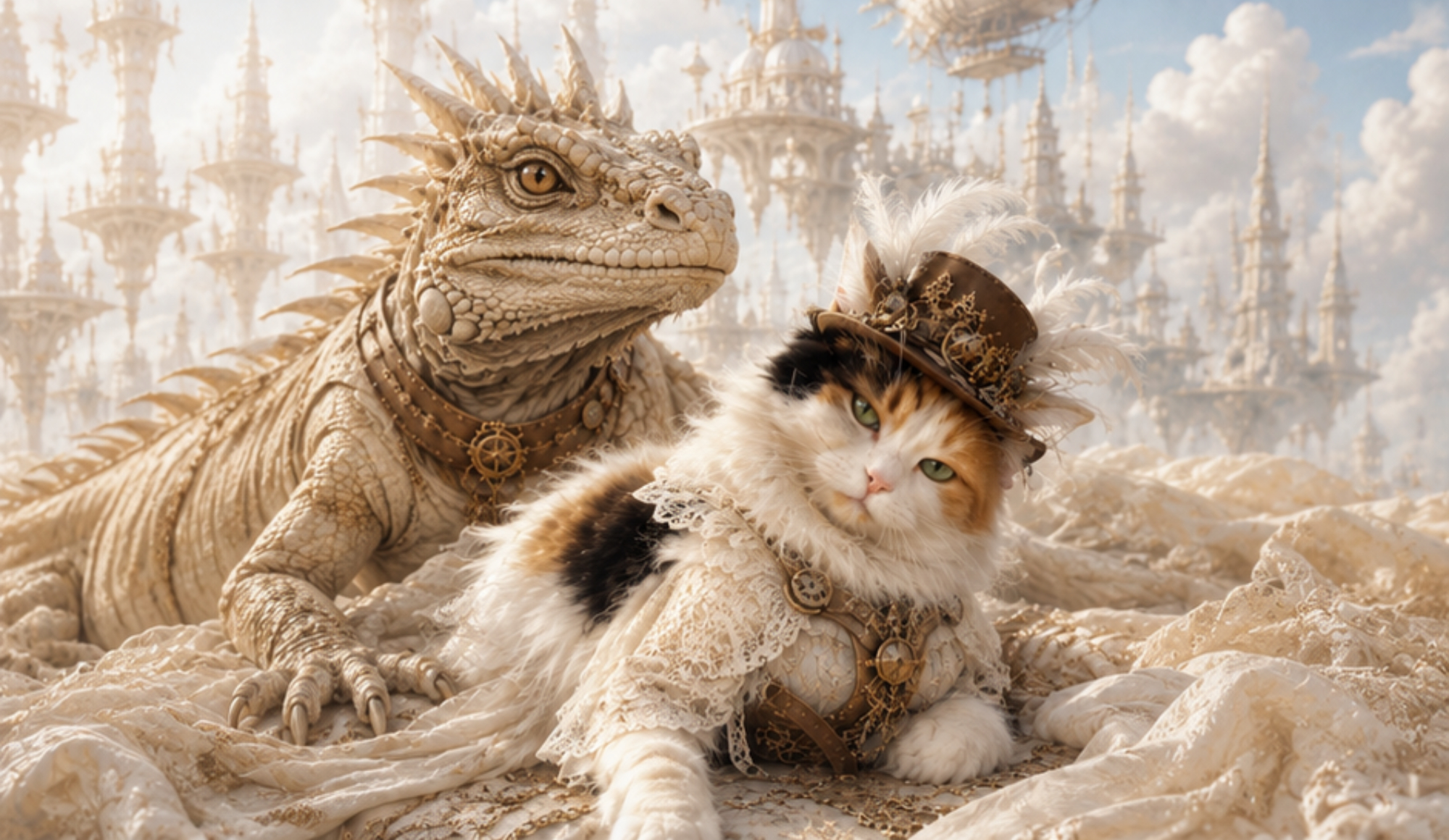 Fantasy Leguaan met Maine Coon in Wit